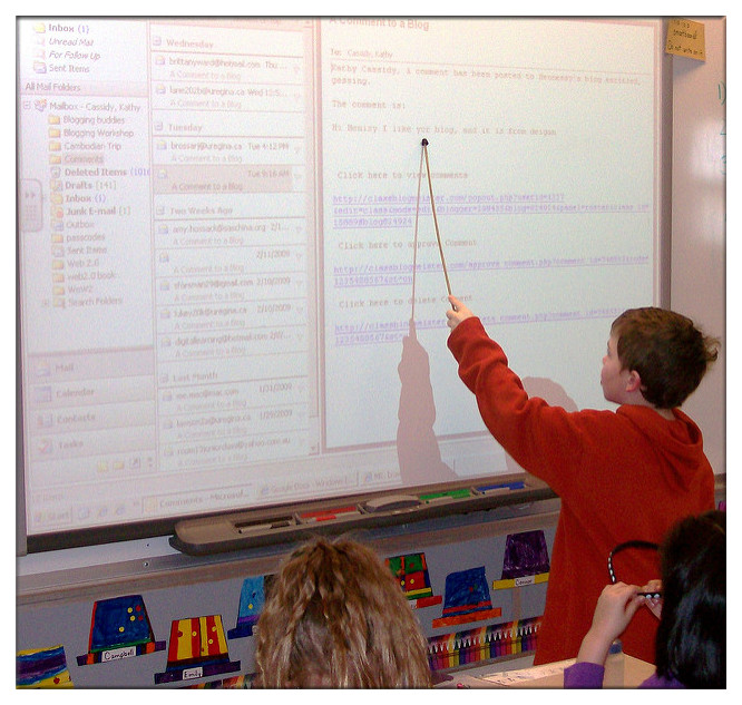 Students are utilizing electronic whiteboard at interactive classroom.